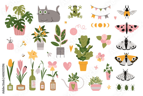 Set with cute natural, plant elements, cartoon style. Houseplants, bottled flowers, decorations and butterflies. Urban Cozy home. Trendy modern isolated vector illustration, hand drawn, flat