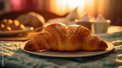 Breakfast in bed with coffee, croissants and juice. Generative Ai
