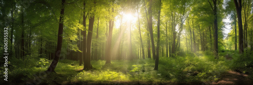 Sunbeams Through Green Trees in Forest Panorama Created with Generative AI and Other Techniques © Qstock