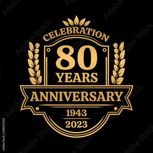 80 years anniversary icon or logo. Vintage birthday banner design. 80th anniversary jubilee celebration badge or label. Vector illustration.