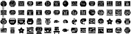 Set Of Aquarium Icons Isolated Silhouette Solid Icon With Underwater, Fish, Blue, Water, Nature, Aquarium, Sea Infographic Simple Vector Illustration Logo