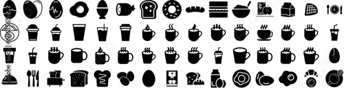Set Of Breakfast Icons Isolated Silhouette Solid Icon With Drink, Morning, Meal, Breakfast, Table, Coffee, Food Infographic Simple Vector Illustration Logo