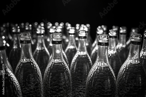 Monochrome plastic bottles with water drops in backlight