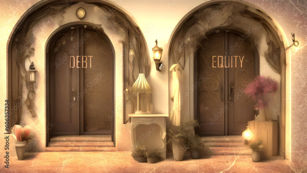 Debt or Equity - Two Different Course of Actions That Define Future Outcome. Making the Right Choice. A Metaphoric Representation of Life's Choices,3d illustration