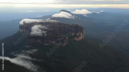 Drone flying over top of Tepuy Roraima Mount and offers stunning views of plateau and table-top mountains, Venezuela, Canaima National Park, South America