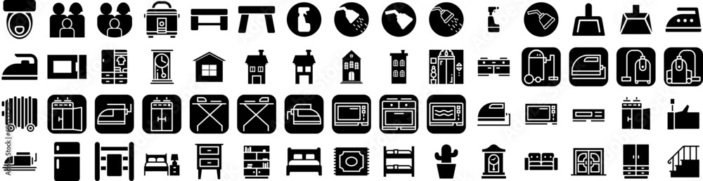 Set Of Household Icons Isolated Silhouette Solid Icon With Domestic, Home, House, Set, Equipment, Household, Kitchen Infographic Simple Vector Illustration Logo