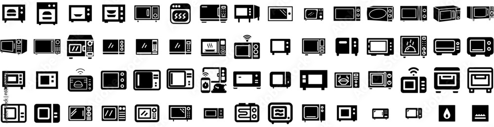 Set Of Microwave Icons Isolated Silhouette Solid Icon With Cooking, Kitchen, Equipment, Microwave, Food, Electrical, Oven Infographic Simple Vector Illustration Logo