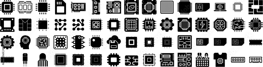 Set Of Microchip Icons Isolated Silhouette Solid Icon With Circuit, Hardware, Microchip, Processor, Chip, Technology, Computer Infographic Simple Vector Illustration Logo