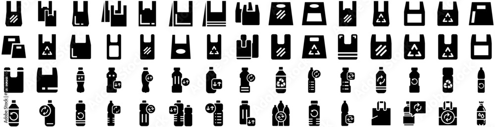 Set Of Plastic Icons Isolated Silhouette Solid Icon With Blank, Clear, Background, Bag, Transparent, Empty, Plastic Infographic Simple Vector Illustration Logo
