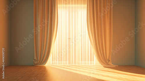  a white curtain with light coming in from it and a light coming through it on the floor in front of a window with a curtain. generative ai