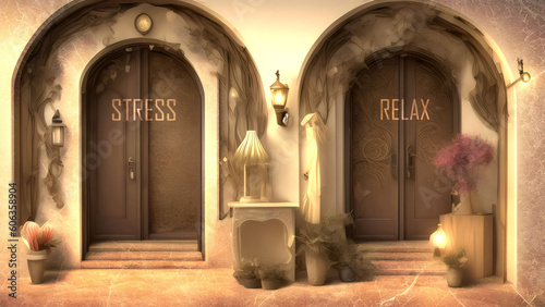 Stress or Relax - Two Different Course of Actions That Define Future Outcome. Making the Right Choice. A Metaphoric Representation of Life's Choices,3d illustration