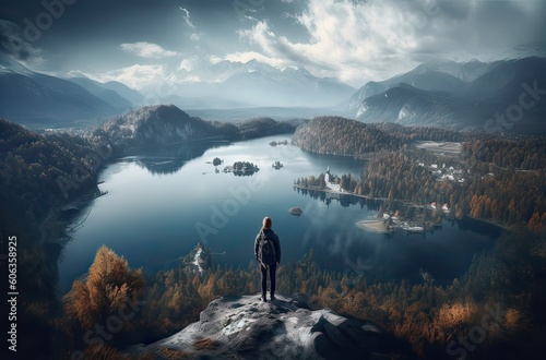 Mountaineer woman observes the views of a sunset on Lake. Generative Ai. © Kowit