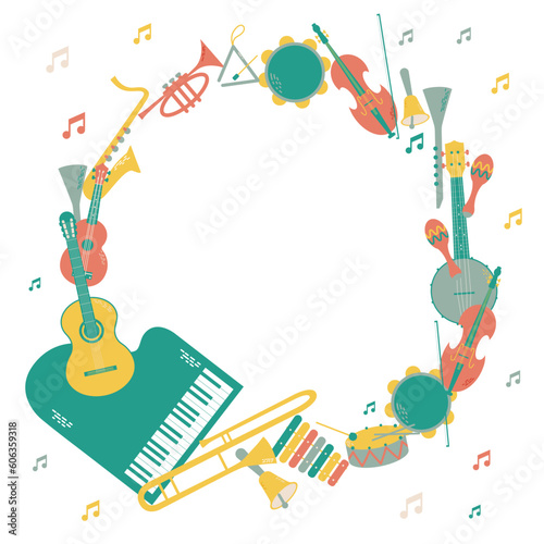 Vector frame with musical instruments. Orchestra includs drum, triangle, tambourine, piano, trumpet, saxophone, trombone, guitar, banjo, ukulele. Can be used as greeting card, banner, invitation.