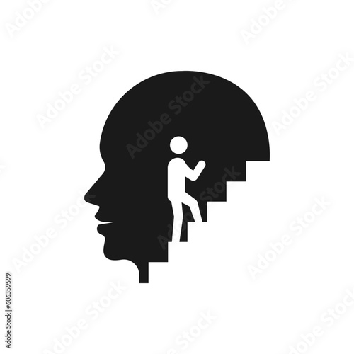 Man climbing stairs inside human head. Psychology, career goal, successful flat icon isolated on white background. Vector illustration