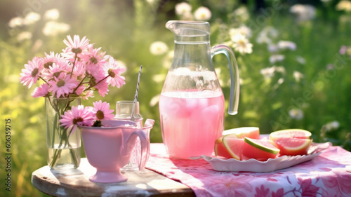 pink flavored juice and sweet floral decorations made with generative AI