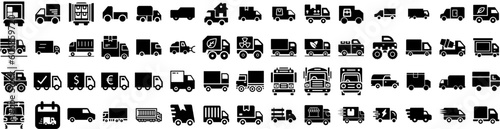 Set Of Truck Icons Isolated Silhouette Solid Icon With Shipping, Cargo, Delivery, Transportation, Transport, Truck, Freight Infographic Simple Vector Illustration Logo