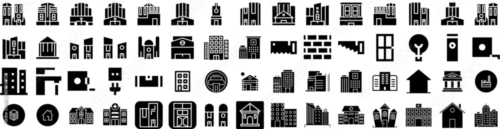Set Of Building Icons Isolated Silhouette Solid Icon With Business, Urban, City, Architecture, Building, Construction, Office Infographic Simple Vector Illustration Logo