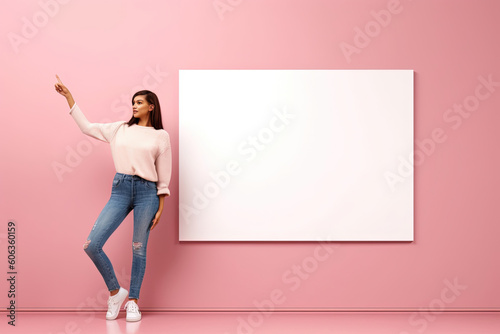 young_woman_holding_a_board_on_a_pink_background © siripimon2525