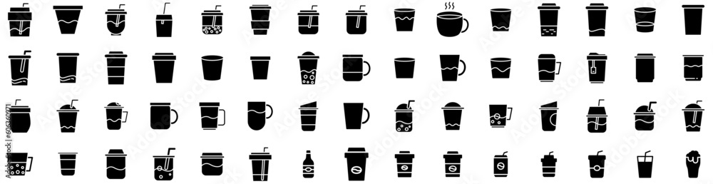 Set Of Drink Icons Isolated Silhouette Solid Icon With Girl, Woman, Young, Lifestyle, Beverage, Drink, Glass Infographic Simple Vector Illustration Logo