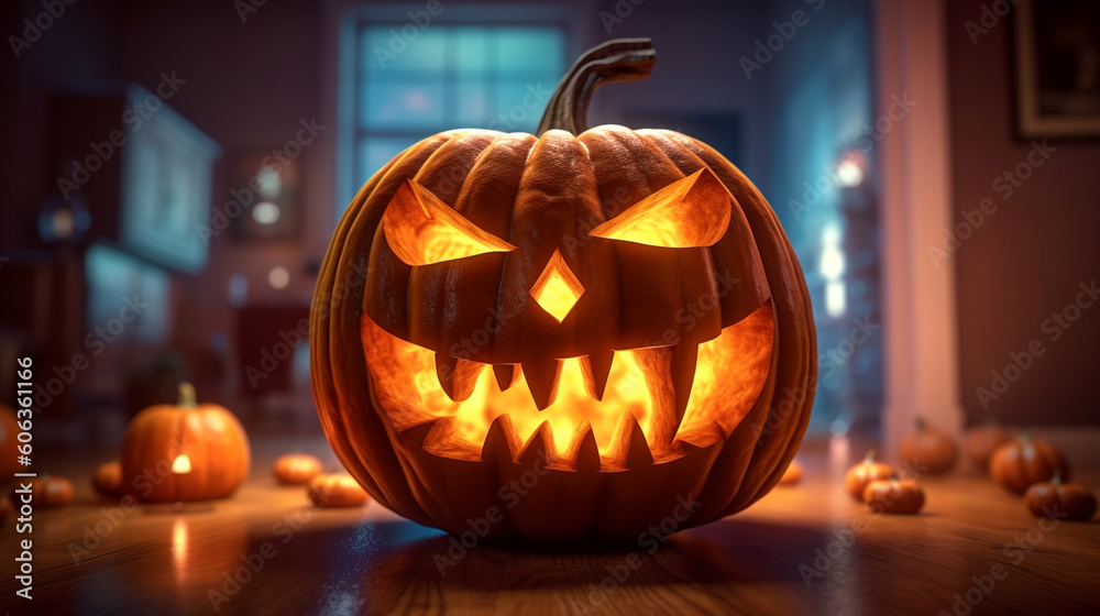 Fototapeta premium A scary pumpkin lantern with evil grin for Halloween, Created using generative AI tools.