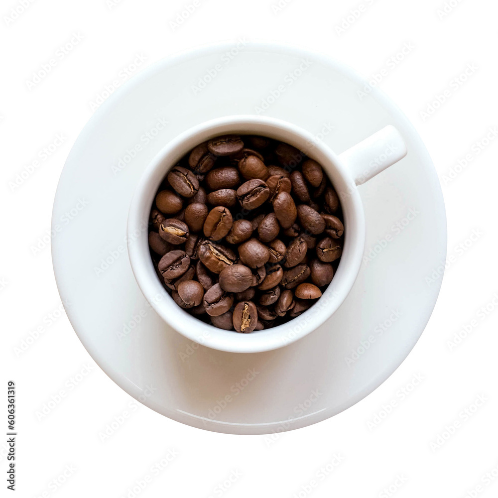 White cup and saucer with coffee beans incide top view