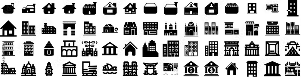 Set Of Building Icons Isolated Silhouette Solid Icon With Architecture, Building, Business, Office, Construction, Urban, City Infographic Simple Vector Illustration Logo