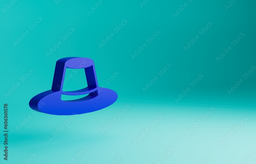 Blue Man hat with ribbon icon isolated on blue background. Minimalism concept. 3D render illustration Blue Man hat with ribbon icon isolated on blue background. Minimalism concept. 3D render illustration