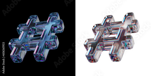 Hashtag letter symbol made of dispersion chromatic glass isolated over black white background.