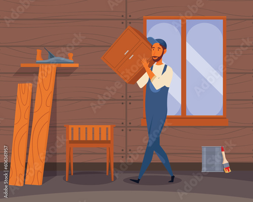 A man carries a box in a wooden room