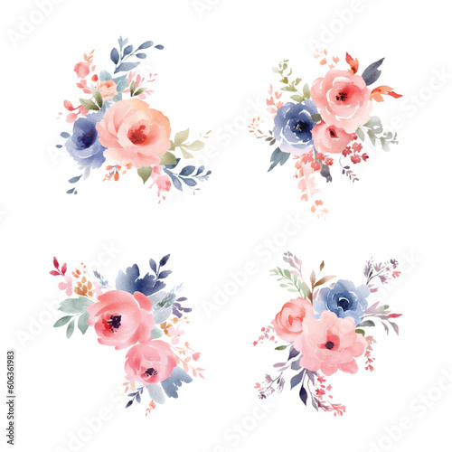Set of floral branch. Flower peach rose, green and blue leaves. Wedding concept with flowers. Floral poster, invite. Vector arrangements for greeting card or invitation design