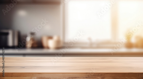 Fényképezés Beautiful empty brown wooden table top and blurred defocused modern kitchen interior background with daylight flare, product montage display