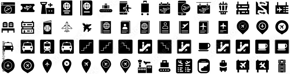 Set Of Airport Icons Isolated Silhouette Solid Icon With Terminal, Airplane, Travel, Flight, Business, Departure, Airport Infographic Simple Vector Illustration Logo Set Of Airport Icons Isolated Silhouette Solid Icon With Terminal, Airplane, Travel, Flight, Business, Departure, Airport Infographic Simple Vector Illustration Logo