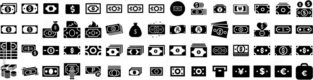 Set Of Banknote Icons Isolated Silhouette Solid Icon With Currency, Cash, Finance, Money, Bank, Banknote, Business Infographic Simple Vector Illustration Logo Set Of Banknote Icons Isolated Silhouette Solid Icon With Currency, Cash, Finance, Money, Bank, Banknote, Business Infographic Simple Vector Illustration Logo