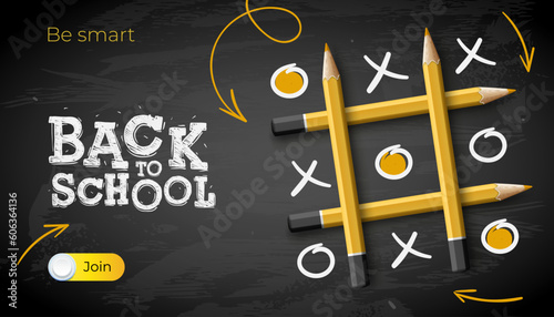 Back to school web banner, chalkboard with tic tac toe game, pencils makes and doodle