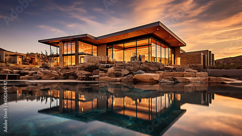 Beautiful Luxury Home with Swimming Pool at Sunset. Generative Ai © maniacvector