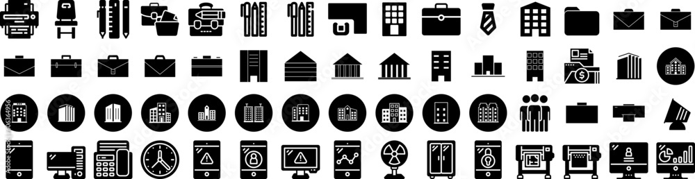 Set Of Office Icons Isolated Silhouette Solid Icon With Computer, Desk, Work, Table, Business, Office, Modern Infographic Simple Vector Illustration Logo