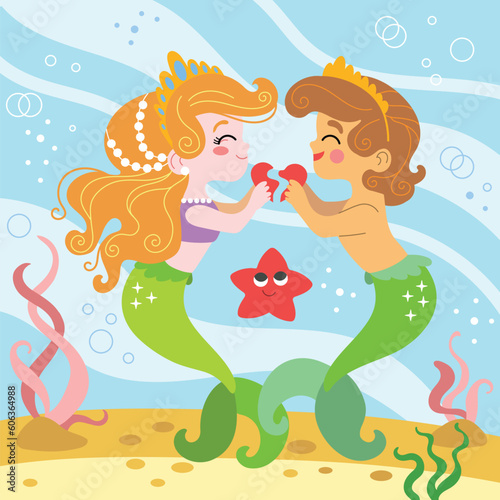 Two mermaids in love under the sea vector illustration