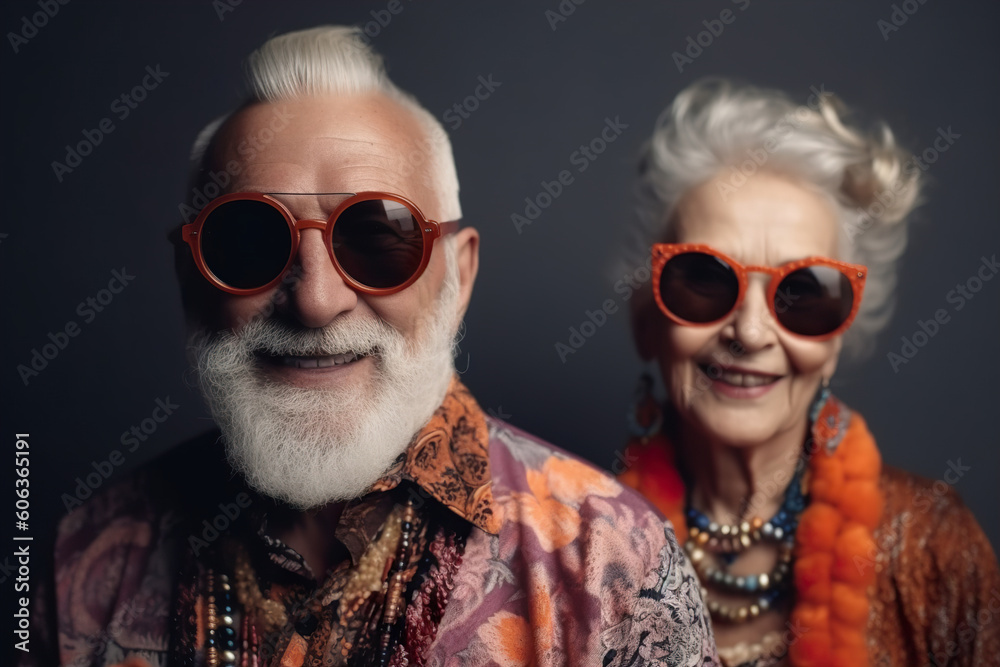 Beautiful seniors couple Smiling old people with trendy clothes Happy