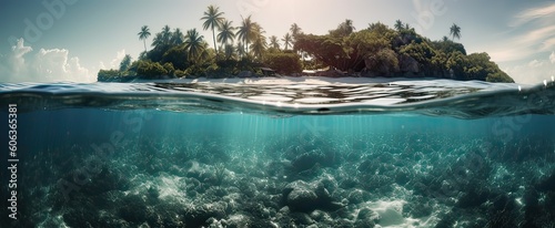 Tropical Island And Coral Reef - Split View With Waterline. Beautiful underwater view of lone small island above and below the water surface in turquoise waters of tropical ocean. Generative Ai.