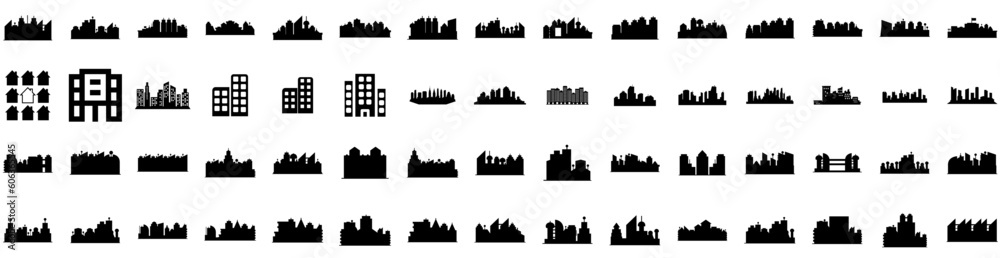 Set Of Skyline Icons Isolated Silhouette Solid Icon With Skyline, Cityscape, City, Building, Urban, Architecture, Skyscraper Infographic Simple Vector Illustration Logo