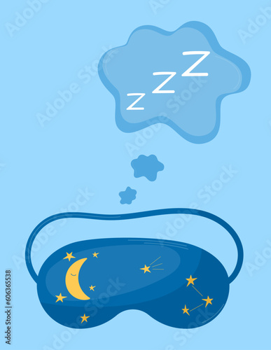 Blue sleep mask with moon and stars. Mask for sleeping. Vector illustration. Сute design for cards. 
