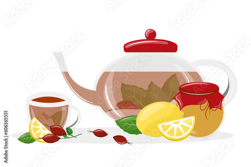 Teapot and cup of tea. Tea with lemon and rosehip. Vector illustration isolated on white background. International tea day. 