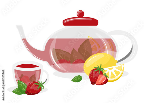 Teapot and cup of tea. Tea with strawberry and lemon. Vector illustration isolated on white background. International tea day.