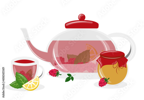Teapot and cup with tea. Tea with raspberry and lemon. International tea day. Vector illustration isolated on white background. 