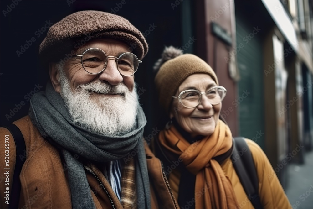 Beautiful seniors couple outdoors in the city. Smiling old people. Happy retirement. Positive aging. Pensioners are joying each other, good mood. Cool senior. Portrait, close up view. Generative AI.