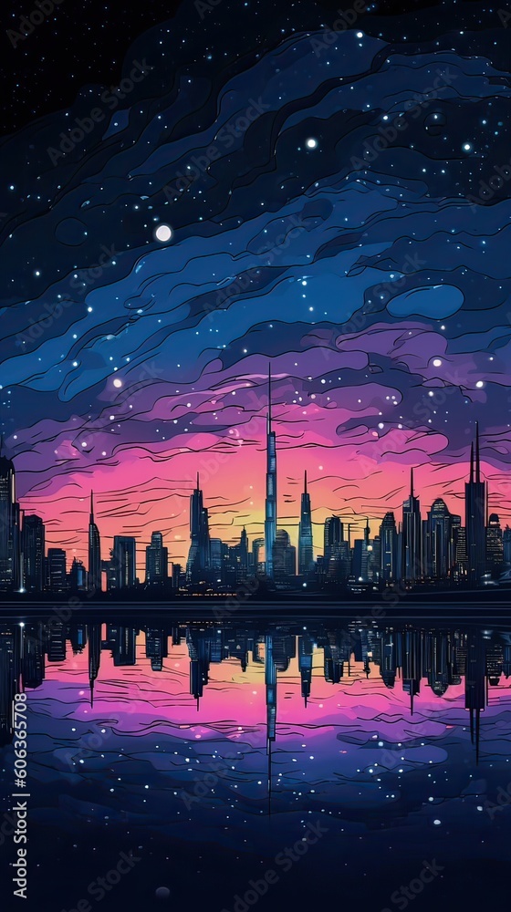 illustration of Night Dubai skyline. illustration of Dubai city in United Arab Emirates and its landmarks. Famous buildings included such as Burj Khalifa, Burj Al Arab, Dubai Atlantis, Generative Ai.
