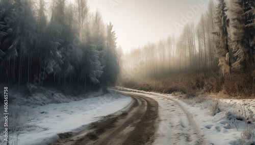 Snowy and frozen mountain road in winter landscape. Generative Ai. © Kowit