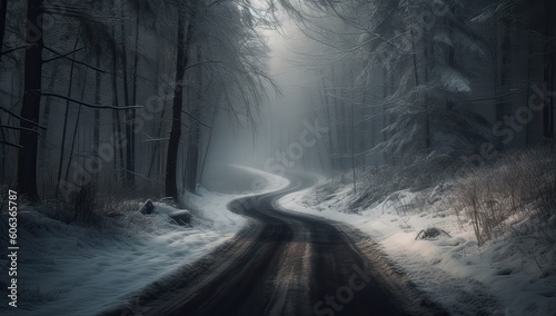 Snowy and frozen mountain road in winter landscape. Generative Ai.