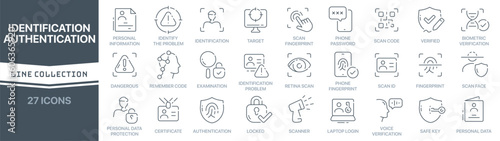 Identification and authentication linear signed icon collection. Signed thin line icons collection. Set of identification and authentication simple outline icons