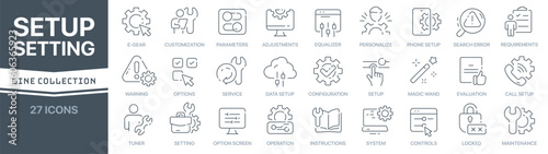 Setup and setting linear signed icon collection. Signed thin line icons collection. Set of setup and setting simple outline icons